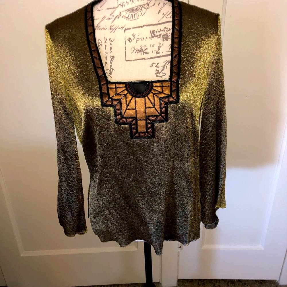 Andrew GN SIZE 44 embellished blouse top. Antique gold with black and copper.